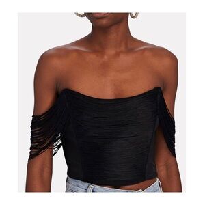 JONATHAN SIMKHAI Draped Fringed Crepe Bustier Black Off-Shoulder Top NEW